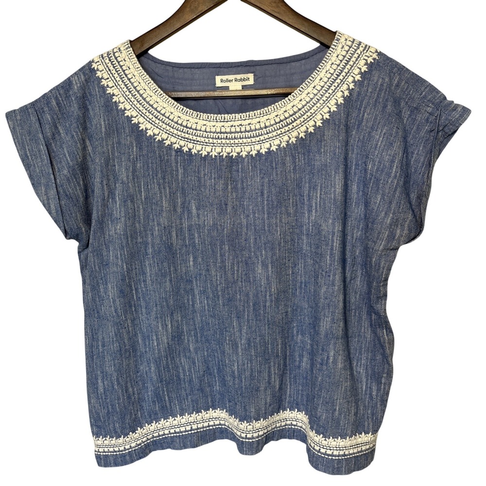 Roller Rabbit Chambray Blue Embroidered Shirt Top‎ Sz Small Lined Cotton